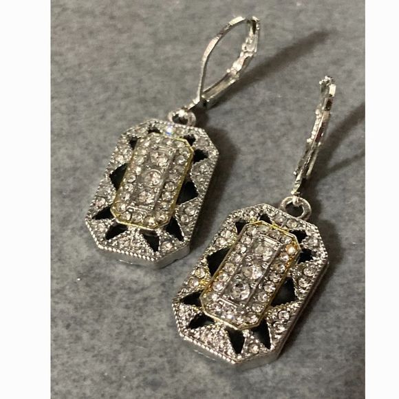 - 💖 Art deco Silver Tone  Diamond Pave geometric octagon drop earrings💖 - Picture 16 of 16